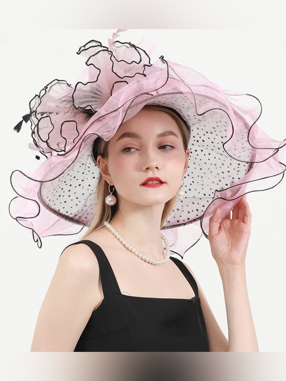 Vintage-Inspired Pink Organza Wide-Brim Hat with Black Dot Lining